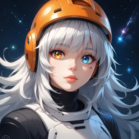  Close-up of an improved masterpiece:1.5)0.9], (Space and astronauts:1.2) ( Messy silver hair:1.1) (heterochromia:  xanthochromia and blue eyes :1.2) (Space helmet:1.0) ( Colored stars in the eyes:1.0) (A radiant glow:1.1) ( Thick lips:0.9)