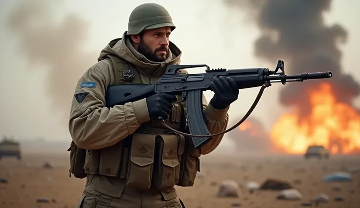 Russian modern soldier with a Kalashnikov rifle in the field, explosions all around 