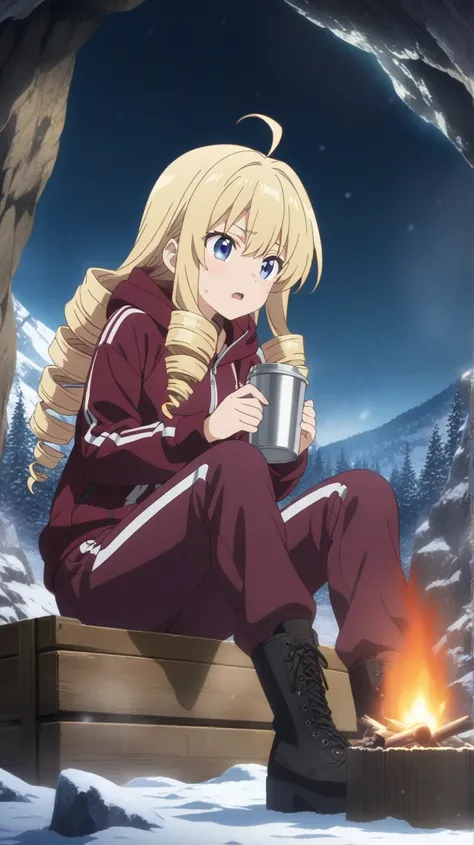 a girl, blonde, long hair, drill hair, ahoge, blue eyes, slant eyes, narrow eyes, sitting on Wooden box, maroon sportswear long pants, maroon sportswear, Black platform boots, holding a aluminum cup, Bonfire, Inside a cave in the snowy mountains background...