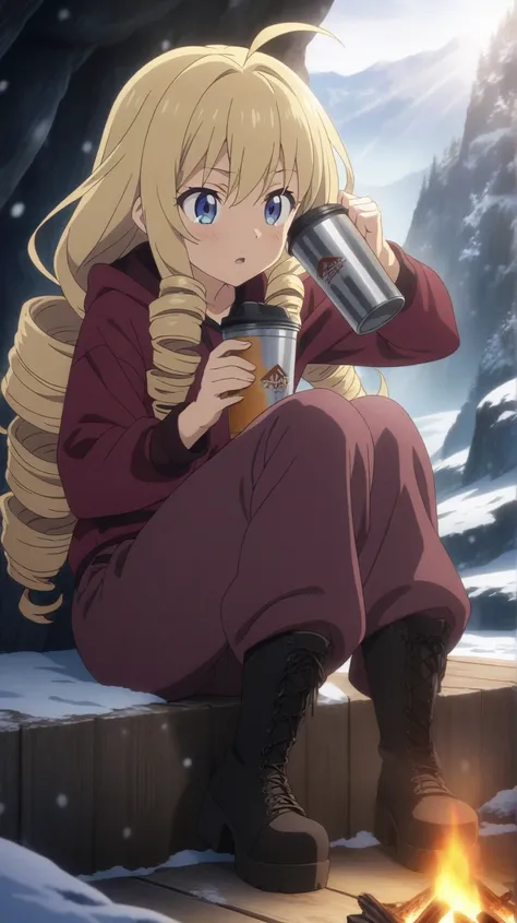 a girl, blonde, long hair, drill hair, ahoge, blue eyes, slant eyes, narrow eyes, sitting on Wooden box, maroon sportswear long pants, maroon sportswear, Black platform boots, holding a aluminum cup, Bonfire, Inside a cave in the snowy mountains background...