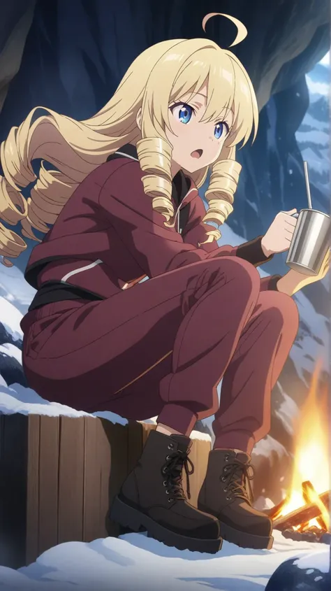 a girl, blonde, long hair, drill hair, ahoge, blue eyes, slant eyes, narrow eyes, sitting on Wooden box, maroon sportswear long pants, maroon sportswear, Black platform boots, holding a aluminum cup, Bonfire, Inside a cave in the snowy mountains background...