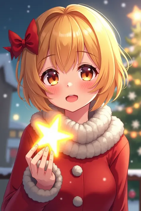  create an anime character, With Christmas clothes and short ,  short hair with blonde highlights ,  make her smile and with a star in her hand