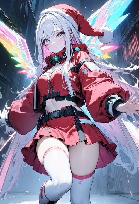 (  Masterpiece ,  best quality:1.2),  girl, (( beautiful eyes)),White Hair、((( inner color is pink)))、Cyberpunk clothing, Highly Exposed Red Santa Clothes、Santa hat、 Mini Skirt、glossy white knee-highs、Rainbow Wings of Light 、The background is a snowy town ...