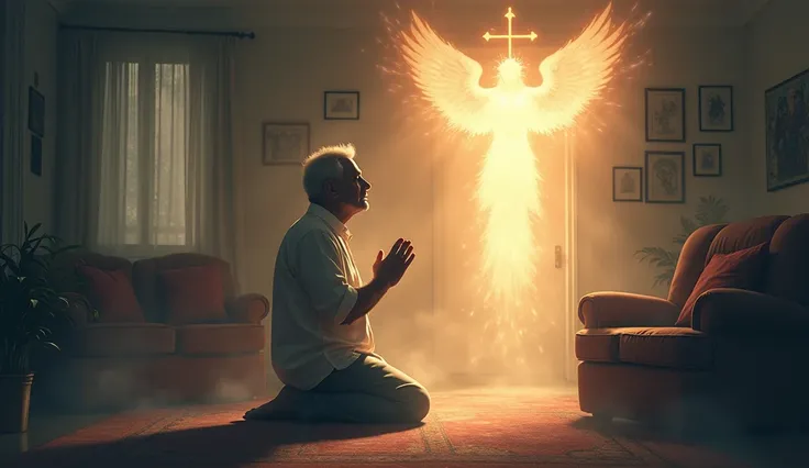 a powerful and impressive illustration of a man on his knees praying in the center of his apartment living room. middle aged man. His appearance is calm and peaceful. around a spiritual battle between dark beings and Angels of God. In the spiritual atmosph...