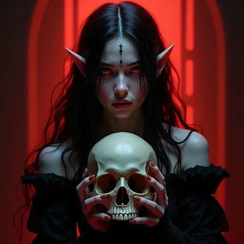 A elf woman, black wavy hair, red eyes, elf ears, pale skin, realism, forehead mark, red illumination, Perspetiva, holding a skull