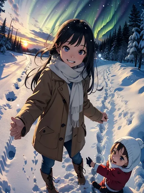  greatest masterpiece， best quality， high image quality，( super flat， flat shading )， fisheye lens:1.4， beautiful petite trained young mother and her very adorable little trained daughter:1.25， warm scarf，Christmas anime style costume ，(naked)，  long hair，...