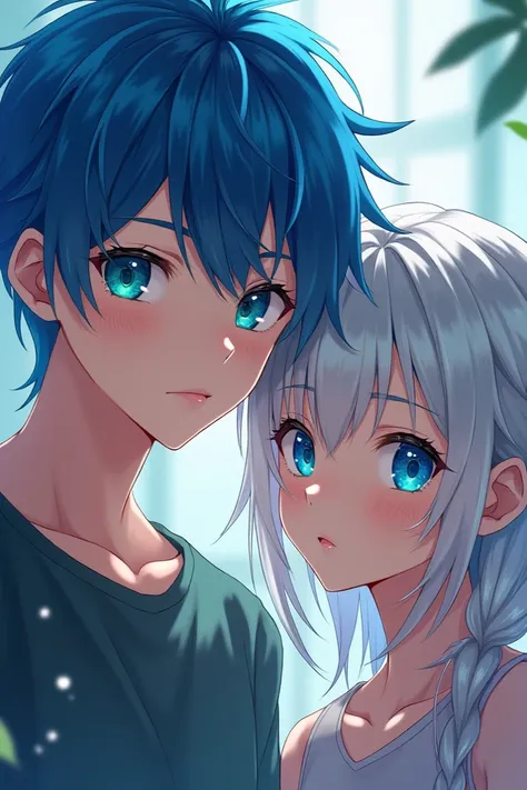 A 19-year-old boy with blue hair and blue eyes Claro with a 15-year-old with a left blue eye and a right green eye