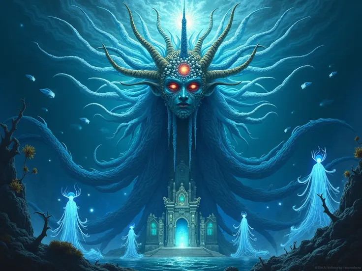 A towering sea deity with bioluminescent tendrils flowing like waves, its crown made of glowing coral and pearls. Its eyes burn like twin suns, casting light on an ancient sunken temple behind it. Surrounding the god are swirling schools of glowing fish an...