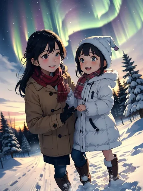  greatest masterpiece， best quality， high image quality，( super flat， flat shading )， fisheye lens:1.4，Beautiful petite trained young mother and her very adorable trained daughter:1.25， warm scarf，Christmas anime style costume ，(naked)，  long hair， boots，s...