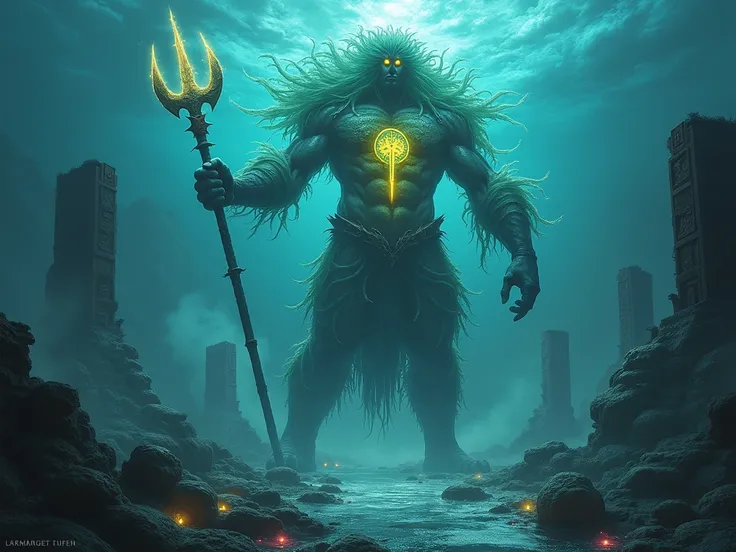 A colossal, humanoid figure with translucent skin revealing a glowing, pulsating core. Its hair is a blend of kelp and starlight, flowing like liquid energy. It stands atop ancient ruins carved with glowing glyphs, surrounded by swirling fog and a vibrant,...