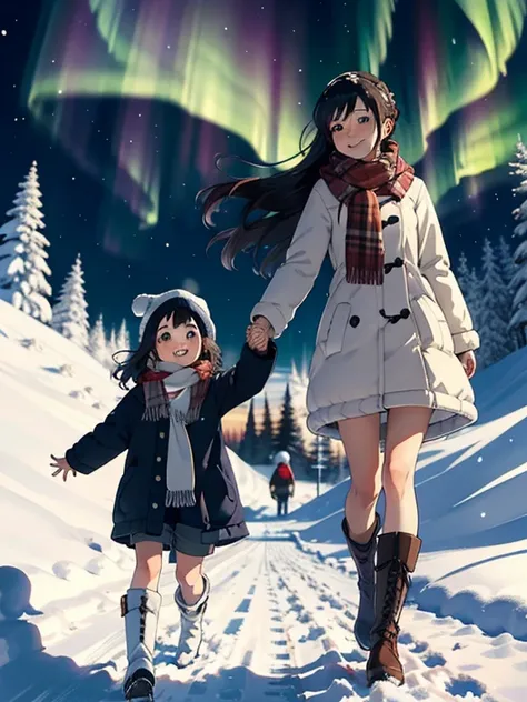  greatest masterpiece， best quality， high image quality，( super flat， flat shading )， fisheye lens:1.4，Beautiful petite trained young mother and her very adorable trained daughter:1.25， warm scarf，Christmas anime style costume ，(naked)，  long hair， boots，s...