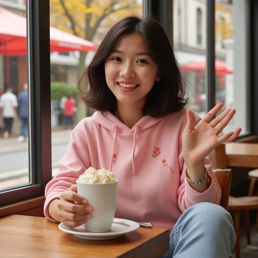 "A portrait of a cheerful and lively young woman named Eik.Thai woman. She has a plump figure with soft, fair skin that gives her a radiant and healthy appearance. Her round face is framed by shoulder-length, slightly wavy black hair with natural shine. Sh...