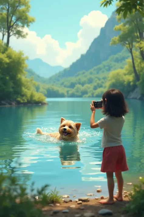 I want a dog to swim in a lake and a girl to take a picture