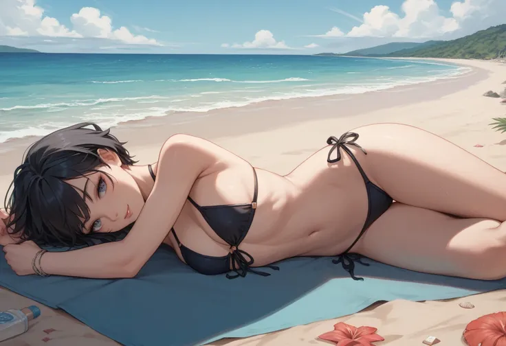 Anime girl, Short black Hair, perfect skinny body, seductive, beach, natural lighting, bikini