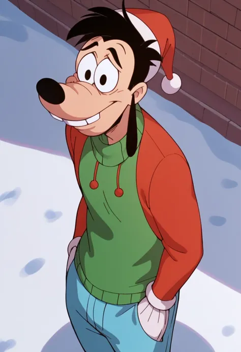 Max,  dog nose , masculine focus,  animal ears , 1 boy, Alone,  black hair, green wool Christmas sweater,  black eyes,Teeth, white gloves, blue pants, score_9, score_8_above, score_7_above, score_6_above, score_5_above, score_4_above,  looking at the spect...