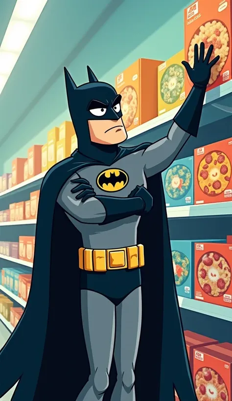 Cartoon-style image of Batman in a brightly lit supermarket aisle, standing in front of a shelf filled with colorful cereal boxes. He has a serious, focused expression, with exaggerated furrowed brows and intense, large eyes, as if hes studying each box wi...