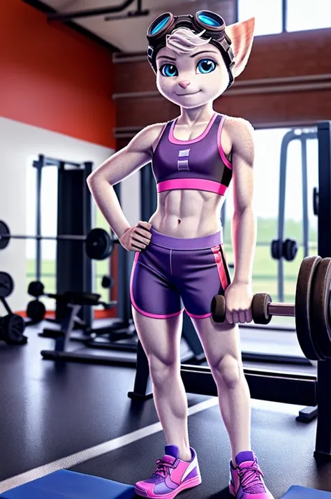 Rivet, tail, furry girl, 1girl, solo, young, full body picture, (sports shorts), (pink sports bra), (blue shoes), inside a gym, standing, detailed body fur, detailed body, detailed eyes, detailed face, athletic, skinny, high quality, masterpiece, goggles, ...