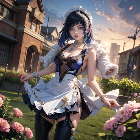 Yelan_(genshin impact), 1girl, dress, solo, collarbone, short flowing hair, navy hair, floating hair, multicolored hair, perfectly body, jewelry, maid, maid dress, perfectly hands, on garden, petals, white roses, centered girl, maid, maid dress, black dres...