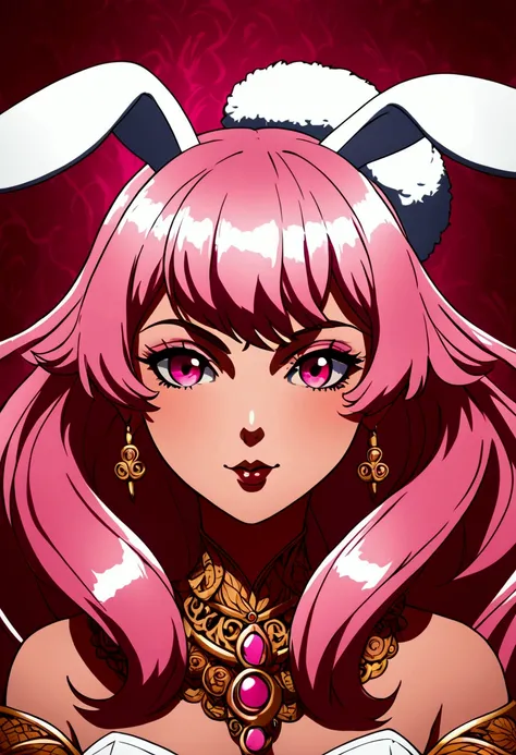 anime style, a closeup of a cartoon of a woman with ears and rabbit tail, with rabbit tail, with rabbit ears, girl design, mara, portrait, giesha, anime image, long hair, pink hair, hair covering ears, happy, polished and powerful look, exotic, tall  