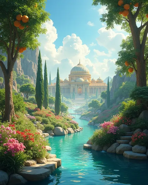 A breathtaking and ethereal depiction of Jannah (Paradise) in its fullest, most majestic form, filled with lush gardens, flowing rivers, and radiant light. The scene is set under a clear, brilliant sky, where soft clouds float gracefully, creating a serene...