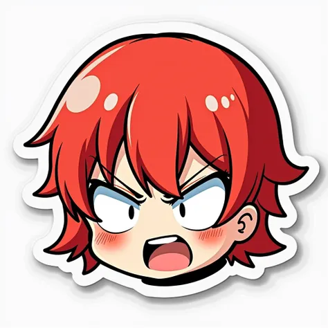 sticker of a girl with short red hair, angry, furious expression, only head, head sticker, doodle art, badly done scribble, chibi, white eyes, exaggerated chibi expression, cílios e sombrancelha s simples e reta, chibi comic hate expression, ((anime chibi ...