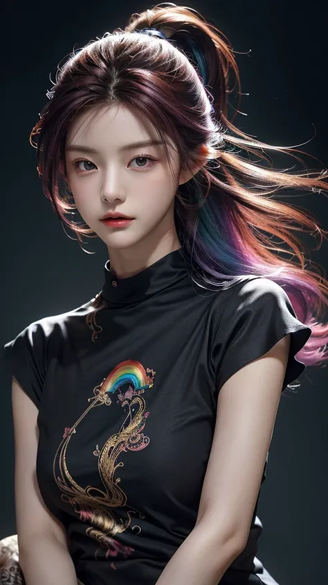 ( large silhouette top with colorful colors, casual clothing and mode type :1.0), 8k wallpaper, wonderful, (masterpiece), ( top quality), ( Very detailed ), (illustration), ( extremely delicate and beautiful ),dynamic angle,rainbow hair , Detailed and cute...