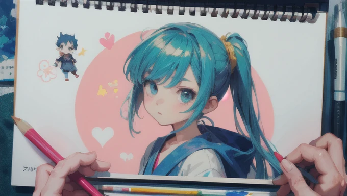 「 ⁉️」 style ,there is a drawing of a girl with a pencil on a wall, an anime drawing by Kubisi art, trending on pixiv, conceptual art, anime visual of a cute girl, cute art style, soft anime illustrati on, made with anime painter studio, anime styled 3d, an...