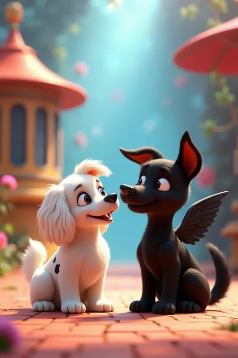  Help me with a Disney Pixar design of a white cocker dog with black and a black spot on her right eye, Along with another black samba dog with wings .