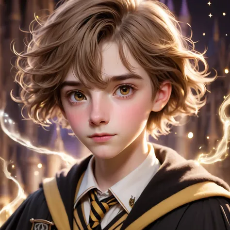  Close-up image of a Hogwarts boy from Hufflepuff.,  Hufflepuff house and Hufflepuff tunic ,  light brown hair, black eyes, parts, light pink lips and thin ,  Hogwarts background and hogwarts theme ,  wand in hand and floating magic 