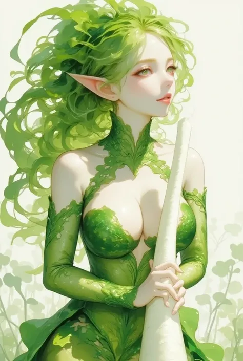 Portrait of daikon lady in green bare shoulder bodysuits. beautiful clavicle, green leaves long hair, pointy ears, pure white shiny skin, big breasts, cleavage, Half Closed eyes, glossy lips, bewitching smile while gently stroking a long white radish with ...