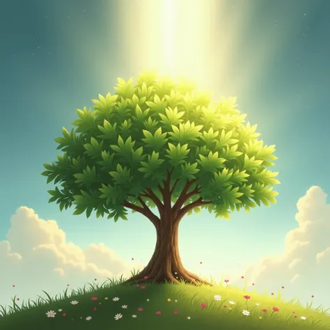 A serene and beautiful depiction of Prophet Zakariya (AS) receiving the blessing of a son, Yahya (AS). In the center of the scene, a tree with vibrant green leaves is shown, symbolizing the miracle of Yahyas (AS) birth after a long period of prayer and sup...