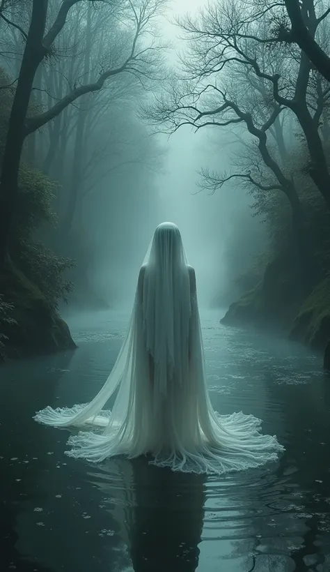 The ghost of a woman dressed in white floating in a sinister river and dreary environment