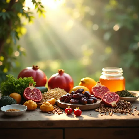 A serene and peaceful depiction of an abundant table filled with a variety of healthy, halal (lawful) foods. The table is surrounded by soft natural light, emphasizing the purity and blessings of the sustenance provided by Allah. Fruits like dates, pomegra...