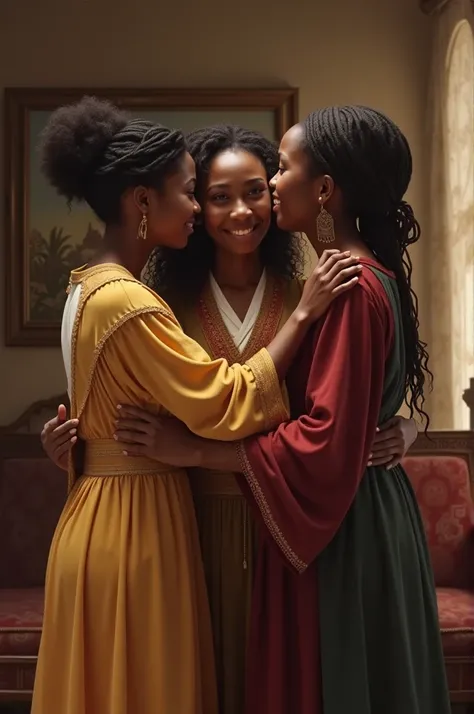 Create a image of beautifully black Americans ladies hugging a student coming back at home in 15th century 