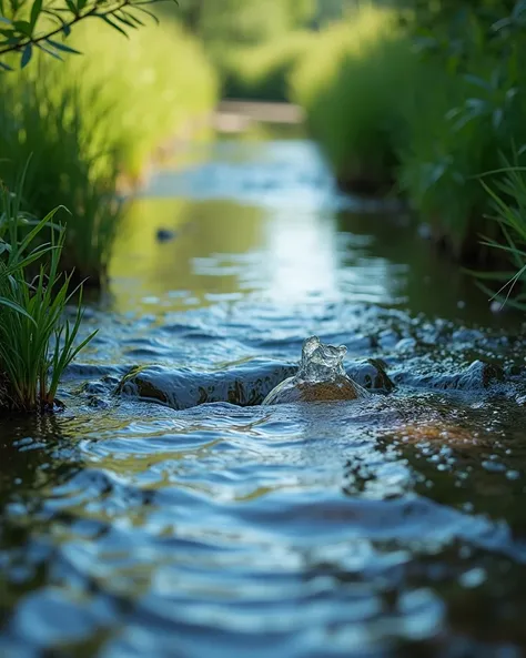 A calm, crystal-clear stream of water flowing through a peaceful landscape, surrounded by lush greenery. The water sparkles in the sunlight, reflecting the beauty of its surroundings. Its gentle flow symbolizes purity, life, and tranquility. Soft ripples o...