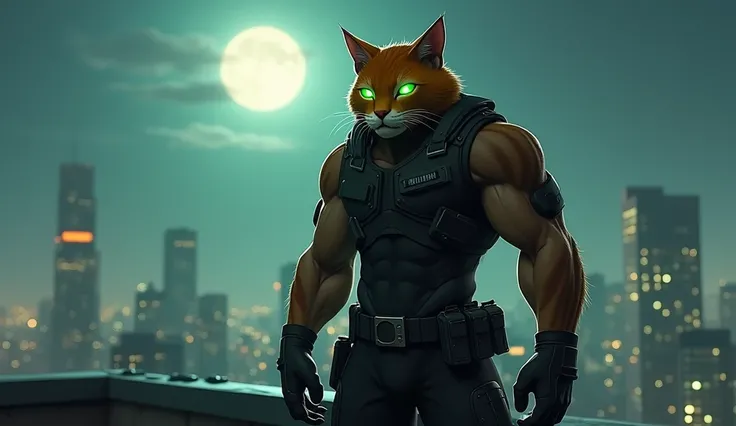 "Agent Whiskerclaw, a 6-foot-tall muscular humanoid-cat hybrid, stands on a rooftop under the full moon. His sharp features include glowing green eyes, sleek orange fur, and powerful limbs. He wears a black tactical suit with a utility belt holding a grapp...