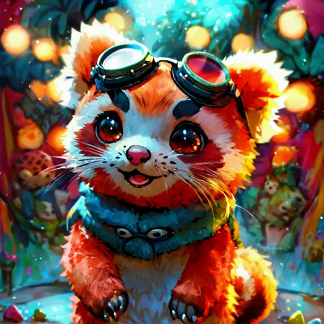 Create a series of emotes featuring an adorable red panda character with goggles perched on its head. Each emote should highlight a unique expression or pose, including happy, sad, excited, surprised, and mischievous. The red panda should have a fluffy tai...