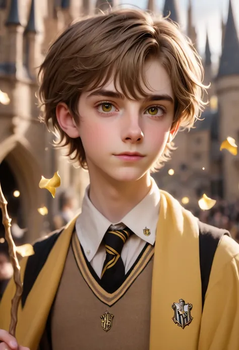  Close-up image of a Hogwarts boy from Hufflepuff.,  Hufflepuff house and Hufflepuff tunic ,  light brown hair, black eyes, parts, light pink lips and thin ,  Hogwarts background and hogwarts theme ,  wand in hand and floating magic 