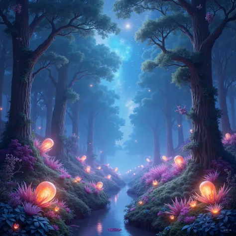 Astral forest, vibrant and colorful, high quality, 4k, ultra-detailed, surreal, fantasy art, glowing trees, celestial animals, starry canopy, luminous flora, ethereal atmosphere, magical lighting.