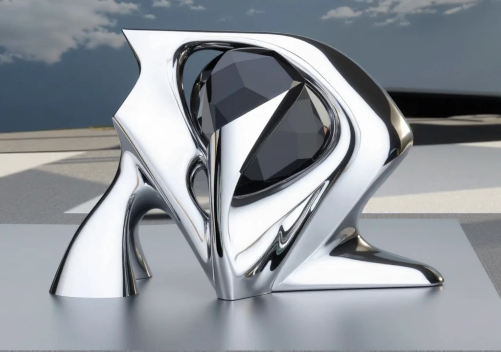 futuristic sculpture with black lapided diamond, and polished metal with shadow and shine