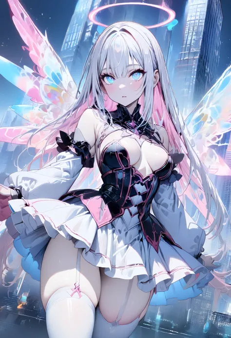 (  Masterpiece ,  best quality:1.2),  girl, Angel、(( beautiful eyes)),White Hair、((( inner color is pink)))、 revealing gothic clothes、 Mini Skirt、glossy white knee-highs、Rainbow Wings of Light 、Skyscraper、Panoramic cityscape、 dynamic movement 