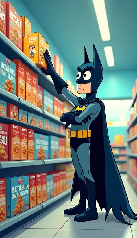 Create a cartoon-style image of Batman in a brightly lit supermarket aisle, standing seriously in front of a shelf filled with colorful cereal boxes. He has a comically serious expression with exaggerated furrowed brows and large, intense eyes, as if hes s...