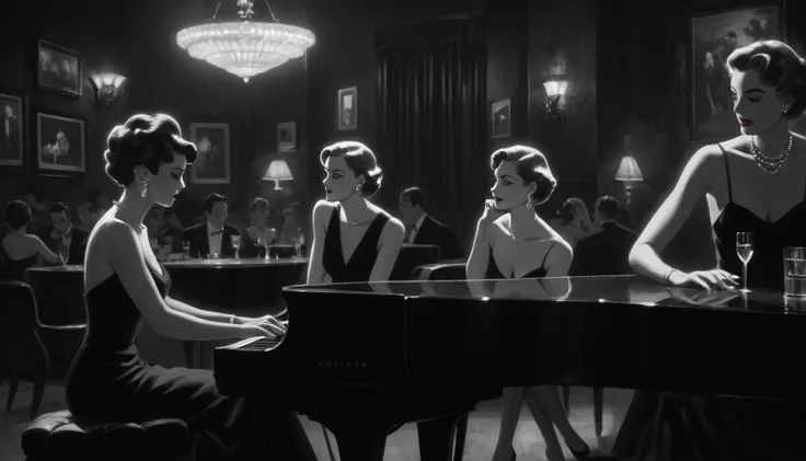 The image presents a black-and-white scene set in a jazz club atmosphere. Two elegantly dressed women are seated at a piano, both wearing stylish, form-fitting black dresses. One woman is playing the piano, while the other sits close, possibly guiding or e...