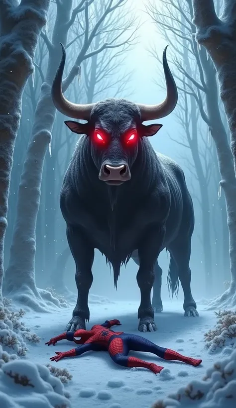 Create an intense and dramatic image of a powerful bull with glowing red eyes standing triumphantly in a mystical ice forest. The bull stands upright, mimicking Spider-Mans iconic pose, exuding raw strength. Beneath the bull, Spider-Man lies lifeless on th...