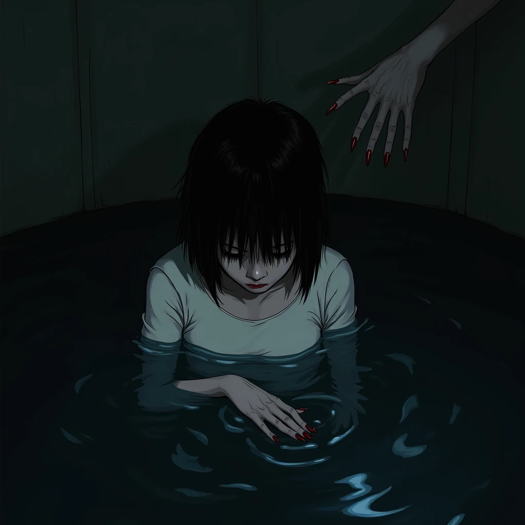 The girls face was covered with black water An arm with red long nails touched its black water The girl has short black hair and white clothes It was dark