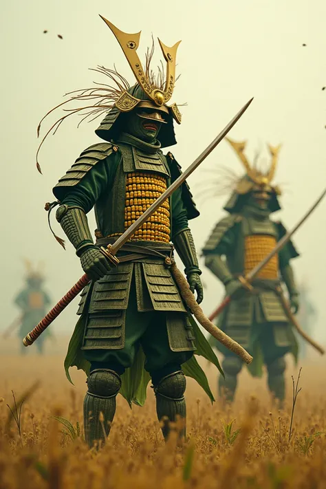 Corn in samurai attire with helmets and swords 