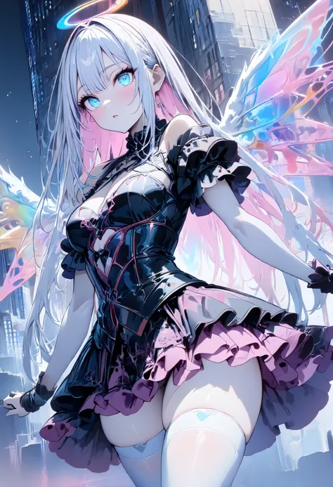 (  Masterpiece ,  best quality:1.2),  girl, Angel、(( beautiful eyes)),White Hair、((( inner color is pink)))、Exposing gothic clothes、 Mini Skirt、glossy white knee-highs、Rainbow Wings of Light 、Skyscraper、Panoramic cityscape、 dynamic movement 