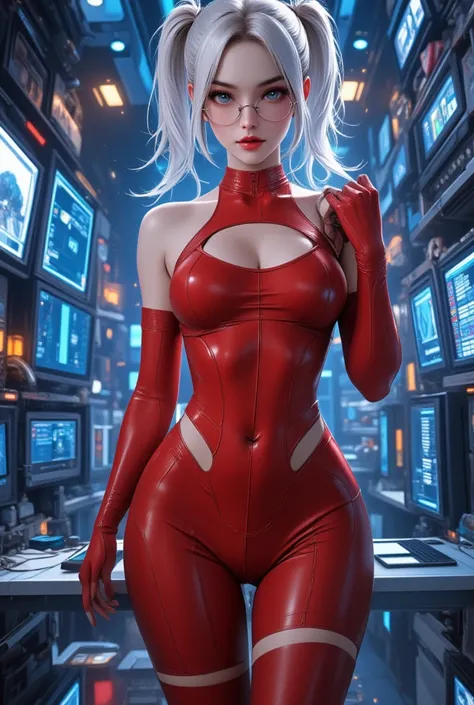 large number of computer monitors appear as holograms, huge amount of top-secret information is displayed on them, and female spy gathers information wearing tight fit red rubber bodysuits, intelligent beauty, glasses, white twintails, amorous and lewd exp...