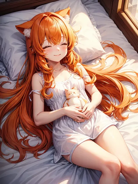 solo, a cute cat girl, ((orange hair, beautiful hair, long hair)), smiling, sleeping, white fluffy pajama, she have a sweet dream, 6years old, kawaii, in the warm room, at night, best quality, masterpiece,kawaiitech, pastel colors, kawaii, cute colors