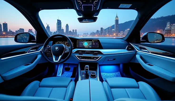 High-end luxury car interior with a glowing blue ambient lighting design, featuring a 2025 BMW X3 M50-style steering wheel with a central logo, a wide dual-screen digital dashboard, quilted white leather seats, glossy wood and chrome accents, futuristic ai...